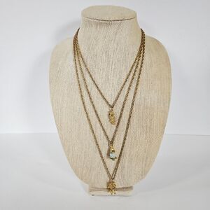 Vintage Goldette Triple Strand Gold Chain Animal Charm Pendant Sautoir Necklace